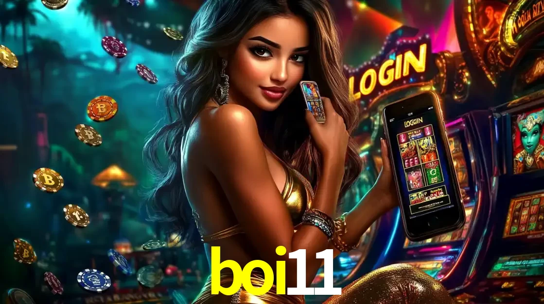 Mulher em um cenário de cassino temático de aventura, mostrando o app de caça-níqueis da boi11 no celular. Fichas de apostas flutuam ao redor.