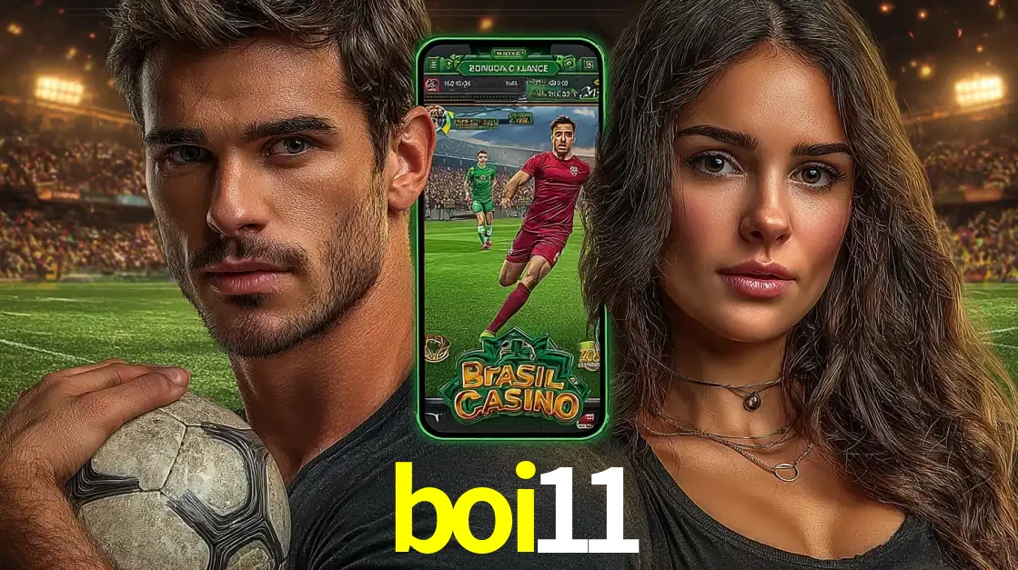 Homem segurando uma bola de futebol e uma mulher ao lado de um smartphone exibindo o jogo de apostas esportivas da boi11. Faça seu palpite no cassino online.